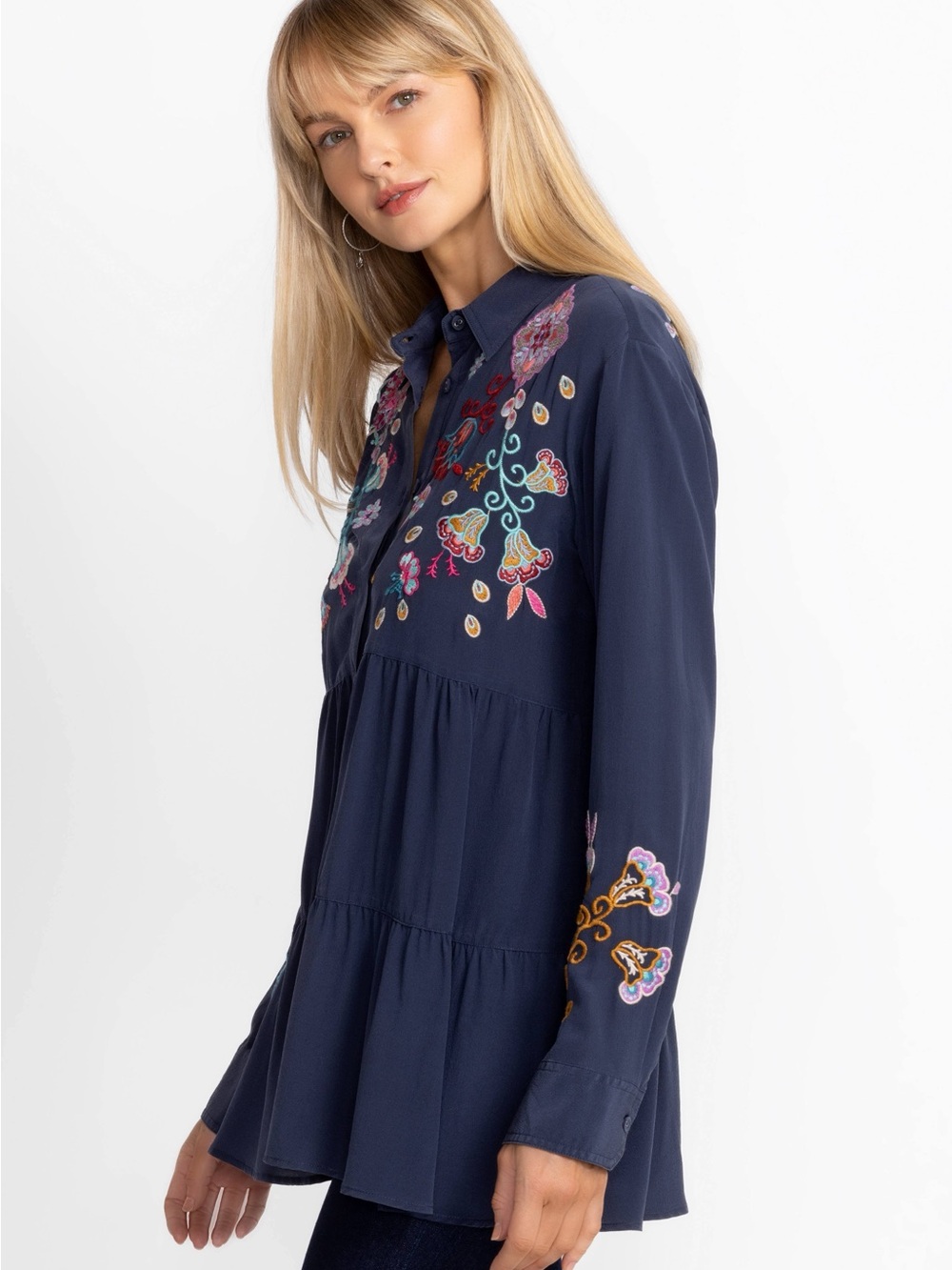 NWT - Johnny Was Navy Alesa Tiered Silk Tunic - Sz Medium - Picture 5 of 11